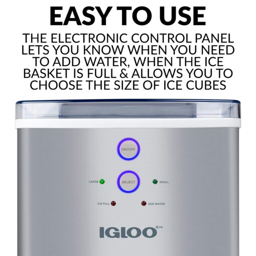 Igloo ICEB33SS Large-Capacity Stainless Steel Automatic Portable Electric Countertop Ice Maker Machine, 33 Pounds in 24 Hours, 9 Cubes Ready in 7 minutes, With Scoop and Basket - Image 4