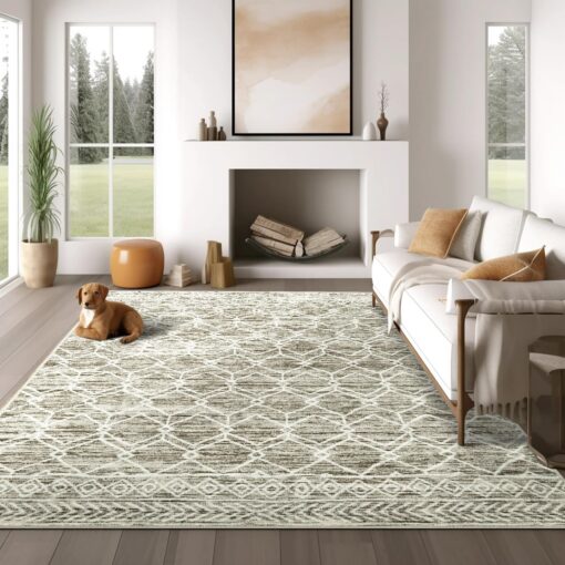 jinchan Moroccan 8x10 Area Rugs for Living Room - Machine Washable Modern Geometric Stain Resistant Ultra-Thin Low-Pile Large Rug Non-Slip Carpet for Bedroom Kitchen Dining Room (8x10ft,Taupe)