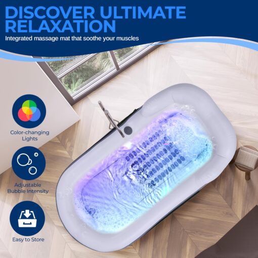 SereneLife Jacuzzi Spa Bathtub with Bubble Massage Mat - Inflatable Bath w/Built-In Heater, Includes Inflatable Pillow, Cup Holder, Remote Control for LED Lighting, Backrest & Armrests - Image 5
