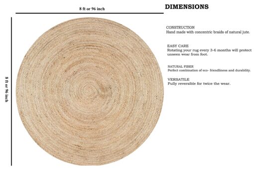 FRELISH DECOR Handwoven Jute Area Rug - 8 feet Round - Natural Yarn - Rustic Vintage Beige Braided Reversible Rug - Eco Friendly Rugs for Bedroom - Kitchen - Living Room - Farmhouse (8' Round) - Image 8