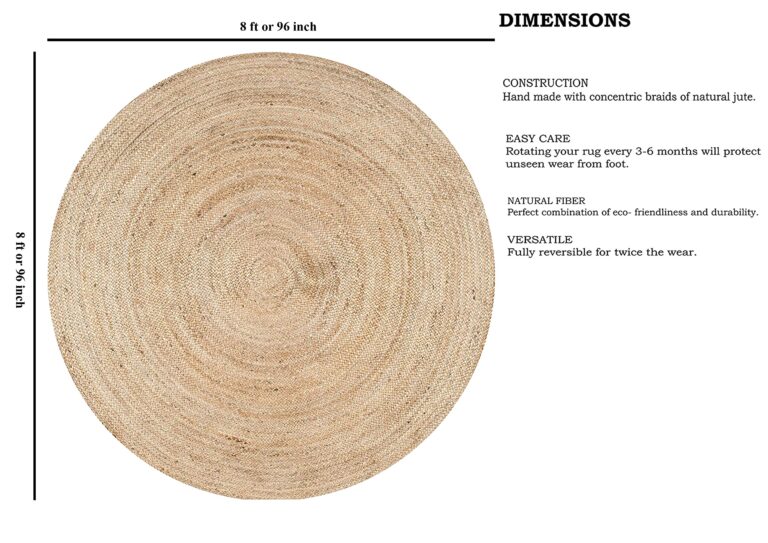 FRELISH DECOR Handwoven Jute Area Rug - 8 feet Round - Natural Yarn - Rustic Vintage Beige Braided Reversible Rug - Eco Friendly Rugs for Bedroom - Kitchen - Living Room - Farmhouse (8' Round) - Image 8