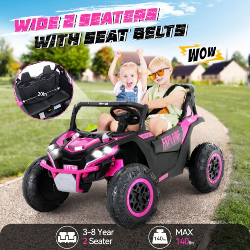 Evmore 4WD Kids Ride on Car, 24V Electric Off-Road UTV Truck, 20" Spacious 2 Seat, 7Ah Large Battery Electric Car with Remote Control, Safety Belt, Horn, Music, and Lights for Kids Aged 3-8 Years Pink - Image 7