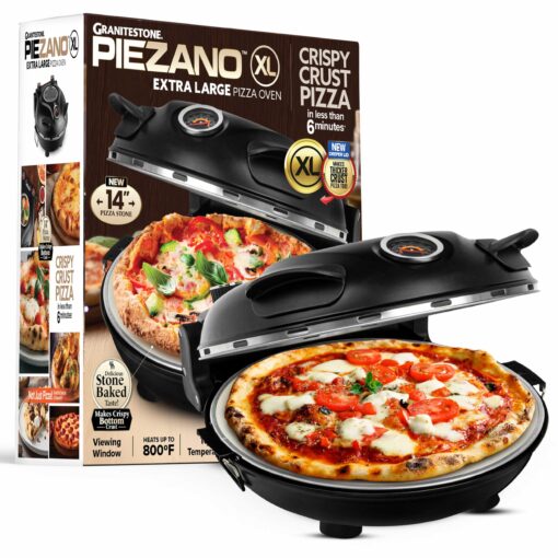 PIEZANO 14 Inch Large Crispy Crust Pizza Oven by Granitestone – Family Sized Electric Pizza Oven Indoor Countertop Maker with Stone Heats up to 800˚F for Stone Baked Pizzeria Style at Home
