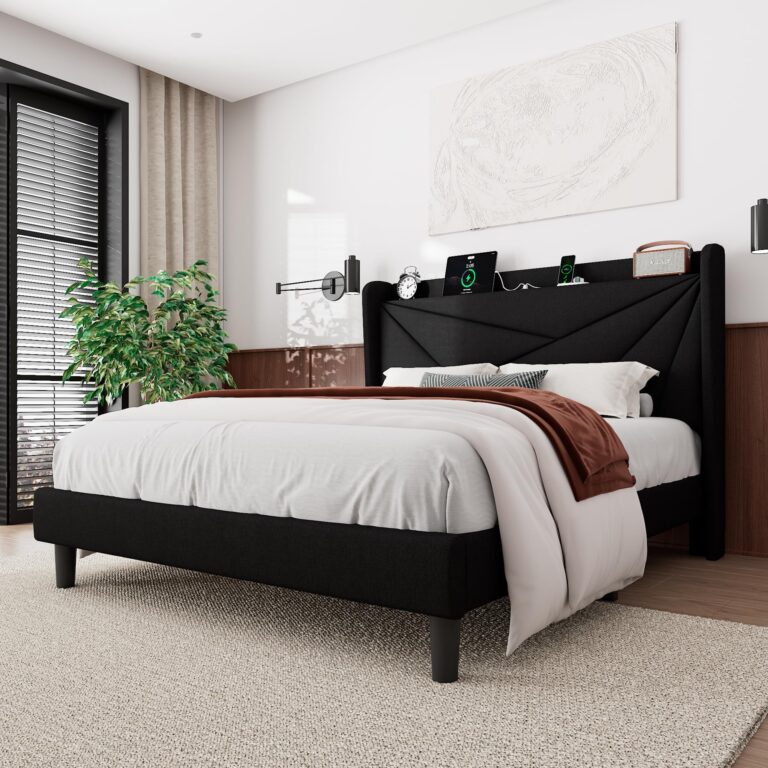 Feonase Full Size Bed Frame with Charging Station, Upholstered Platform Bed Frame with Wingback Storage Headboard, Solid Wood Slats Support, No Box Spring Needed, Black - Image 8