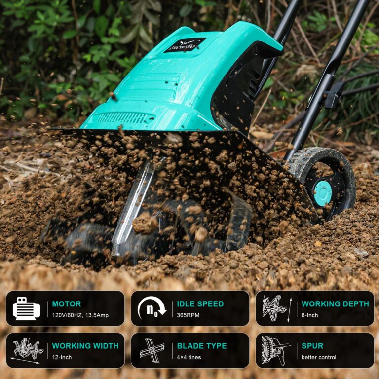 IncwBo 13.5 Amp 12 Inch Electric Tiller/Cultivator with 4 Steel Tines, 8'' Tilling Depth Small Garden Tiller for Gardening, Corded Rototiller with Adjustable Wheels - Image 9