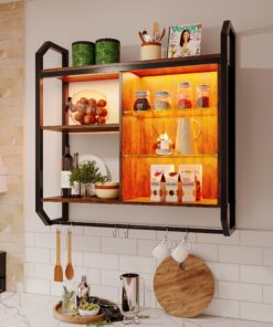 Bestier LED Kitchen Floating Shelves, 34" Industrial Pipe Shelves with Adjustable Glass Shelves, Wall Mounted Shelf with 6 S-Hook Towel Bar, Wine Coffee Bar Rack for Room Decor Rustic Brown
