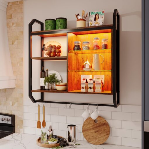 Bestier LED Kitchen Floating Shelves, 34" Industrial Pipe Shelves with Adjustable Glass Shelves, Wall Mounted Shelf with 6 S-Hook Towel Bar, Wine Coffee Bar Rack for Room Decor Rustic Brown