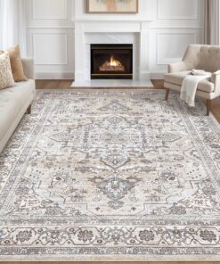 9x12 Area Rug Living Room: Washable Boho Large Neutral Vintage Soft Rugs Stain Resistant Farmhouse Non Slip Indoor Floor Carpet for Bedroom Nursery Kids Playroom Office Dining Room Home- Ivory Gray