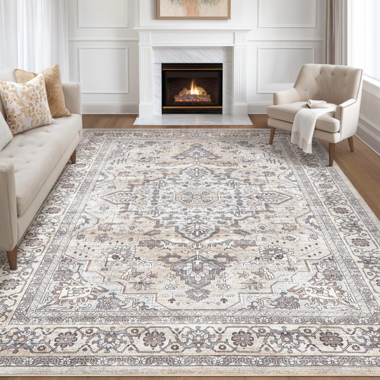 9x12 Area Rug Living Room: Washable Boho Large Neutral Vintage Soft Rugs Stain Resistant Farmhouse Non Slip Indoor Floor Carpet for Bedroom Nursery Kids Playroom Office Dining Room Home- Ivory Gray