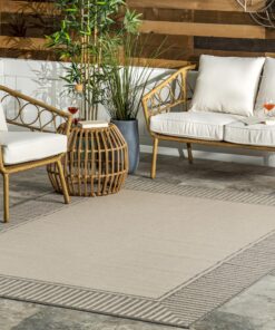nuLOOM 9' x 12' Outdoor Area Rug, Casual Design with Striped Border, Stain Resistant, Highly Durable, for Patio, Balcony, Bedroom, Living Room, Dining Room, Bathroom, Light Grey