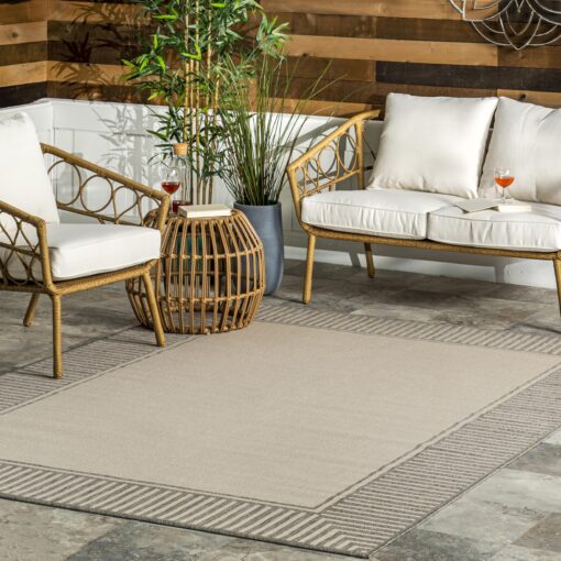 nuLOOM 9' x 12' Outdoor Area Rug, Casual Design with Striped Border, Stain Resistant, Highly Durable, for Patio, Balcony, Bedroom, Living Room, Dining Room, Bathroom, Light Grey