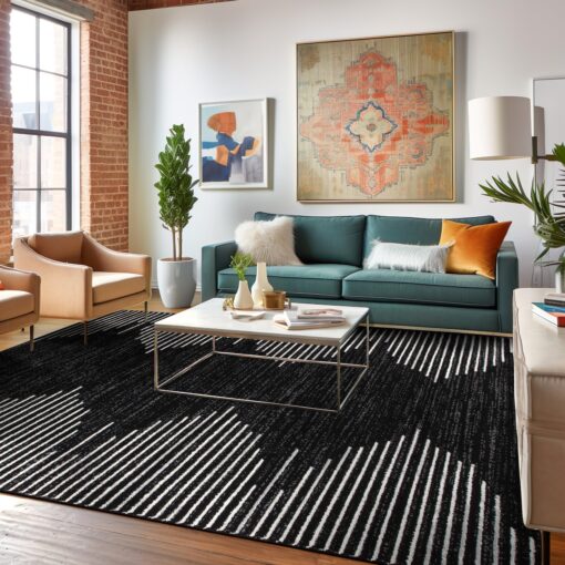 Rugshop Bohemian Stripe Stain Resistant High Traffic Living Room Kitchen Bedroom Dining Home Office Area Rug 8'x10' Black - Image 3