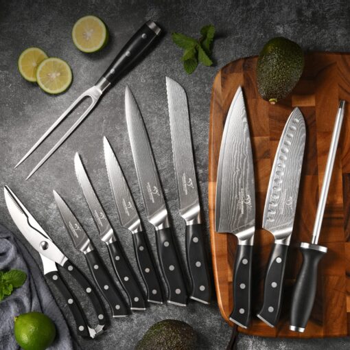 Kitchen Knife Set, 18-Piece Damascus Kitchen Knife Set with Block, ABS Ergonomic Handle for Chef Knife Set, Knife Sharpener and Kitchen Shears, Knife Block Set - Image 6