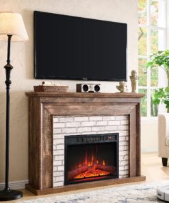Aitjunz 45" Flip Top Electric Fireplace with Mantel, Electric Fireplace Heater, TV Stand with Freestanding Electric Fireplaces, Remote Control, Adjustable Flame Level for Living Room (Light Brown)