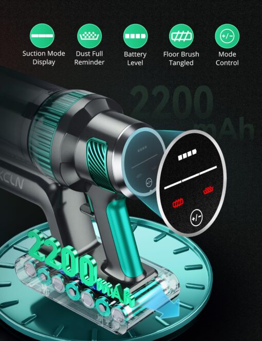 QikCln Cordless Vacuum Cleaner - 250W 30Kpa Powerful Stick Vacuum, 90000 RMP Motor, LED Display, Three Modes, 40 Mins Runtime Rechargeable Handheld Vacuum for Pet Hair Hardwood Carpet - Green - Image 7