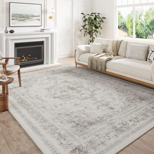 PureCozy Vintage Area Rug 9x12 Indoor Living Room Light Gray Washable Medallion Large Carpet Traditional Retro Accent Throw Rug Low Pile Non Slip Distressed for Kitchen Office Dining Room Bedroom - Image 7