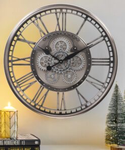 CLXEAST Original Real Moving Gear Wall Clock Roman Numerals,Oversized Large Wall Clocks for Modern Farmhouse Living Room Home Decor,Brushed Gunmetal (28 Inch)
