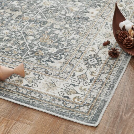 jinchan Area Rug 8x10 Washable Living Room Rug Vintage Distressed Gray Multi Floral Floor Cover Indoor Mat Retro Carpet Bedroom Kitchen Office Farmhouse Grey - Image 3