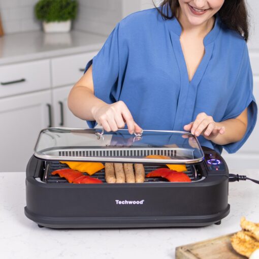 Indoor Smokeless Grill, Techwood 1500W Electric Indoor Grill with Tempered Glass Lid, Portable Non-stick BBQ Korean Grill, Turbo Smoke Extractor Technology, Drip Tray& Double Removable Plate, Black - Image 4