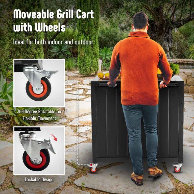 FEASTO Grill Table, Outdoor Bar Cart Grill Cart with Storage Cabinet,Modular Outdoor Kitchen Island, Outdoor Grill Station with 304 Stainless Steel Top,Pizza Oven Table for Lawn & Garden,L35.4” x W24” - Image 6