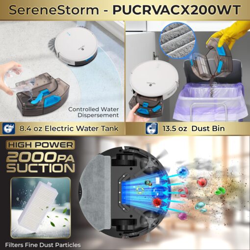 Smart Robot Vacuum and Mop Combo, 2000Pa Suction, App Control, 4 Cleaning Modes, Anti-Fall Sensors, Multi-Surface Cleaning, Self-Charging, Ideal for Pet Hair, Soft and Hard Floors, White - Image 2