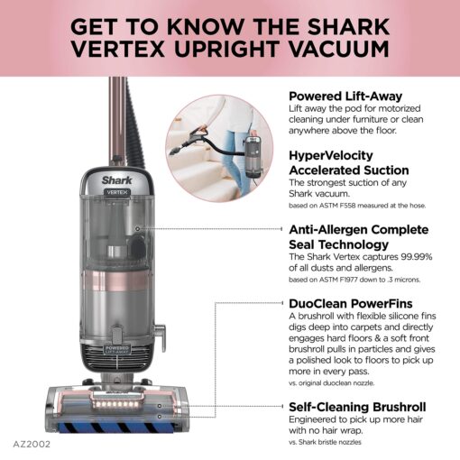 Shark AZ2002 Vertex DuoClean PowerFins Upright Vacuum with Powered Lift-Away Self-Cleaning Brushroll and HEPA Filter, 1 Quart Dust Cup Capacity, Rose Gold (Renewed) - Image 2