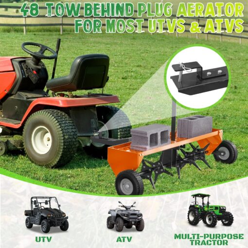 PPOLB 48" Tow Behind Lawn Plug Aerator with Universal Hich, Orange Painted Galvanized Steel with Tray and Inflatable Wheels for Garden, Farm and Lawn Plug Aerators - Image 7