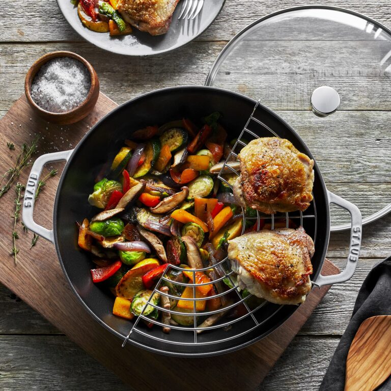 Staub Cast Iron Perfect Pan, Wok, Dutch Oven, 4.5-quart, serves 4-5, Made in France, White Truffle - Image 2