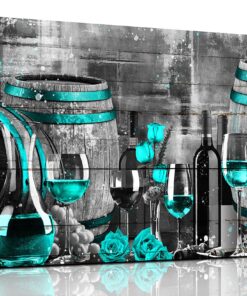 aburaeart Teal Canvas Wall-Decor - Wine Pictures Wall Decor - Wine Wall Art For Kitchen Large Size Ready to Hang 29" x 59"