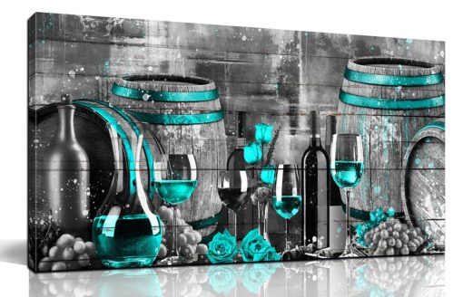 aburaeart Teal Canvas Wall-Decor - Wine Pictures Wall Decor - Wine Wall Art For Kitchen Large Size Ready to Hang 29" x 59"