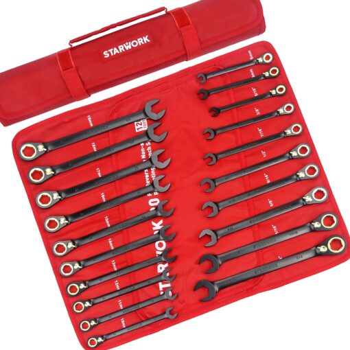 STARWORK TRUE MECHANIC™ 20 Pc. 120T Reversible Ratcheting Combination Wrench Set, Long Pattern, SAE, Metric, Professional, With Portable Roll-Up Pouch Bag - Image 6