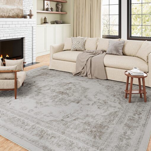 PureCozy Vintage Area Rug 9x12 Indoor Living Room Light Gray Washable Medallion Large Carpet Traditional Retro Accent Throw Rug Low Pile Non Slip Distressed for Kitchen Office Dining Room Bedroom - Image 6