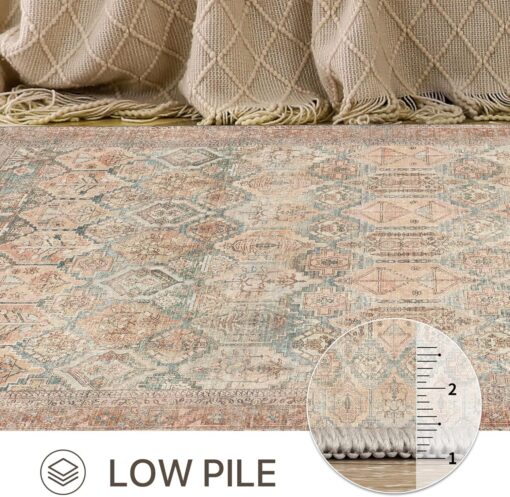 Bavni Area Rug 9X12 Machine Washable Vintage Distressed Print Ultra-Thin Chenille Hallway Bedroom Kitchen Entrance Accent Rug, Low Pile Lightweight Non Slip with Gripper, Clay - Image 4