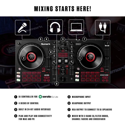 Numark Mixtrack Platinum FX - DJ Controller For Serato DJ with 4 Deck Control, DJ Mixer, Built-in Audio Interface, Jog Wheel Displays and FX Paddles - Image 9