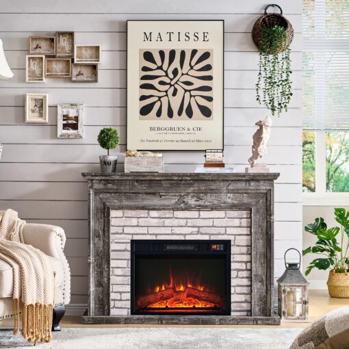 Aitjunz 45" Flip Top Electric Fireplace with Mantel, Electric Fireplace Heater, TV Stand with Freestanding Electric Fireplaces, Remote Control, Adjustable Flame Level for Living Room (Light Grey) - Image 3