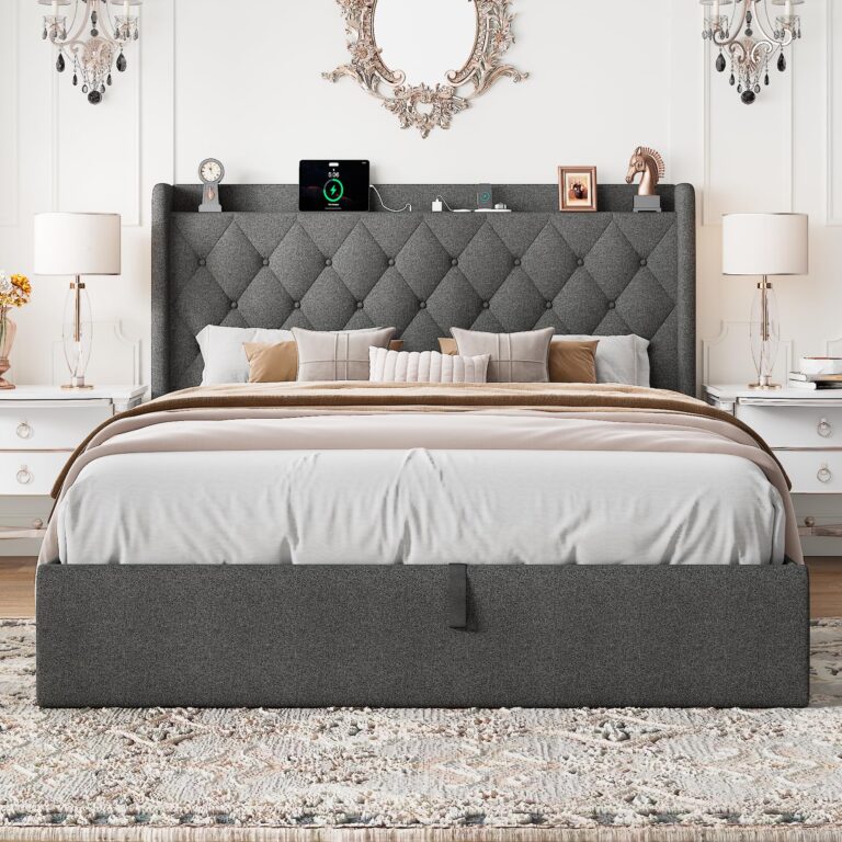 Feonase Full Size Lift Up Storage Bed Frame with Charging Station, Button Tufted Headboard Platform Bed Frame with Hydraulic Storage, Wooden Slat Support, No Box Spring Needed, Noise-Free, Dark Gray - Image 2