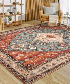 Lahome Boho Tribal 8x10 Area Rugs for Living Room, 8 x 10 Washable Rug for Bedroom Aesthetic, Large Oriental Vintage Soft Dining Room Carpet for Under Table Playroom (Rust/Dull Teal,8x10ft)