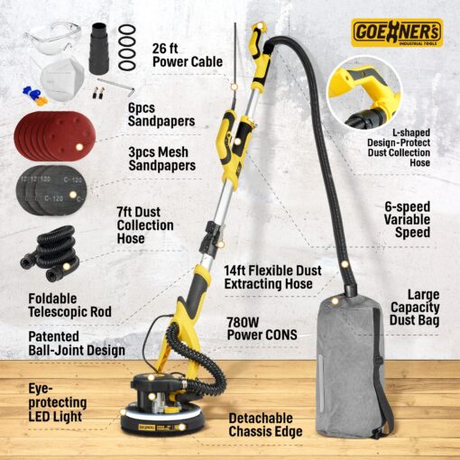Drywall Sander, Electric Drywall Sander with Vacuum, 6 Variable Speed, 900-1800RPM, Labor-Saving Handle and Patented Fixture for Ceiling Sanding, LED Light, 14ft Dust Hose,26ft Power Cable,Storage Bag - Image 3