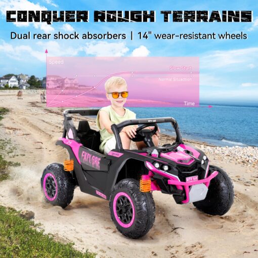 Evmore 4WD Kids Ride on Car, 24V Electric Off-Road UTV Truck, 20" Spacious 2 Seat, 7Ah Large Battery Electric Car with Remote Control, Safety Belt, Horn, Music, and Lights for Kids Aged 3-8 Years Pink - Image 3