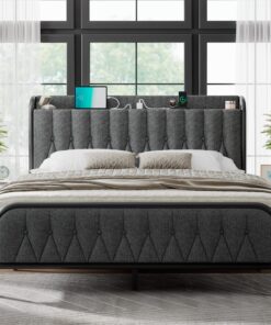 Feonase Linen Queen Bed Frame with Fast Charging Station,Queen Metal Platform Beds with Upholstered Headboard & Footboard,12" Underbed Storage Space,Easy Assembly,Noise-Free,Black Gray