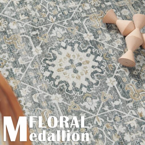 jinchan Area Rug 8x10 Washable Living Room Rug Vintage Distressed Gray Multi Floral Floor Cover Indoor Mat Retro Carpet Bedroom Kitchen Office Farmhouse Grey - Image 7