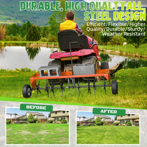 PPOLB 48" Tow Behind Lawn Plug Aerator with Universal Hich, Orange Painted Galvanized Steel with Tray and Inflatable Wheels for Garden, Farm and Lawn Plug Aerators - Image 3