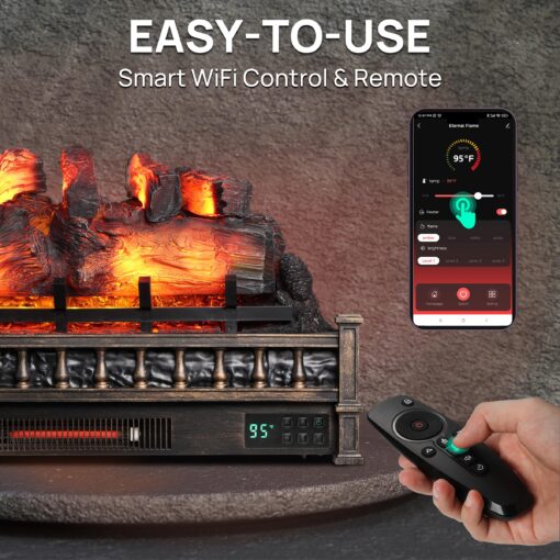 TURBRO Eternal Flame 30 in. WiFi Infrared Quartz Electric Fireplace Log Heater with Sound Crackling, Realistic Pinewood Logs, Adjustable Flame Colors, Remote Control, Thermostat, Timer, 1500W, Bronze - Image 6