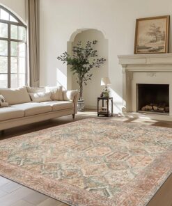 Bavni Area Rug 9X12 Machine Washable Vintage Distressed Print Ultra-Thin Chenille Hallway Bedroom Kitchen Entrance Accent Rug, Low Pile Lightweight Non Slip with Gripper, Clay