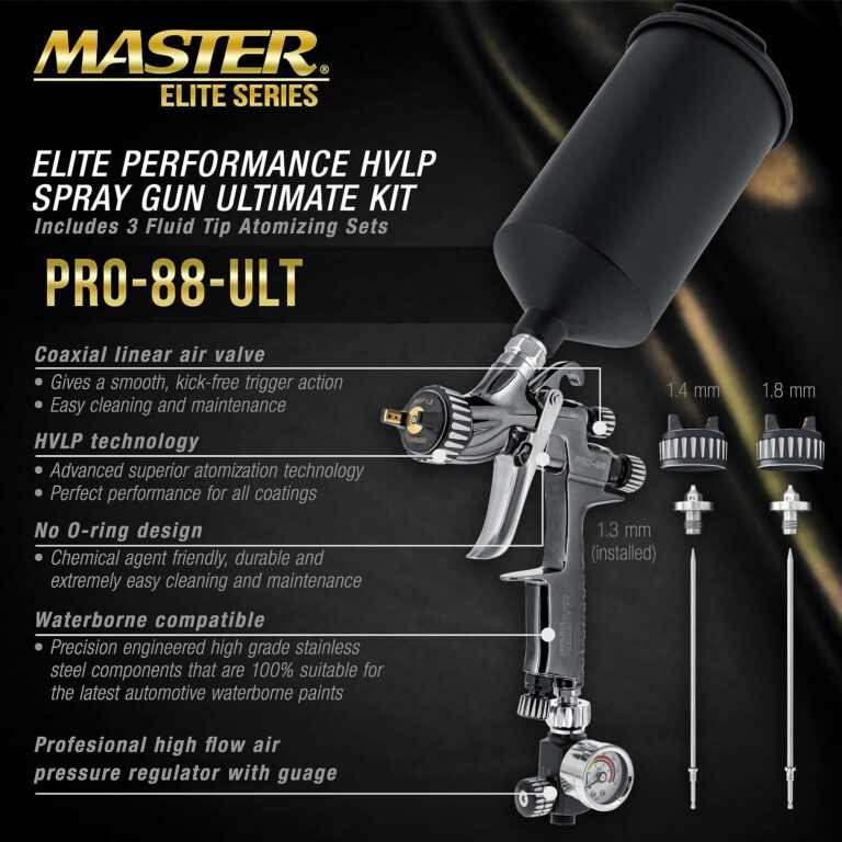 Master Elite Performance PRO-88 Series HVLP Spray Gun Ultimate Kit with 3 Fluid Tip Sets 1.3, 1.4 and 1.8mm and Air Pressure Regulator Gauge, MPS Cup Adapter - Automotive Basecoats, Clearcoats - Image 6