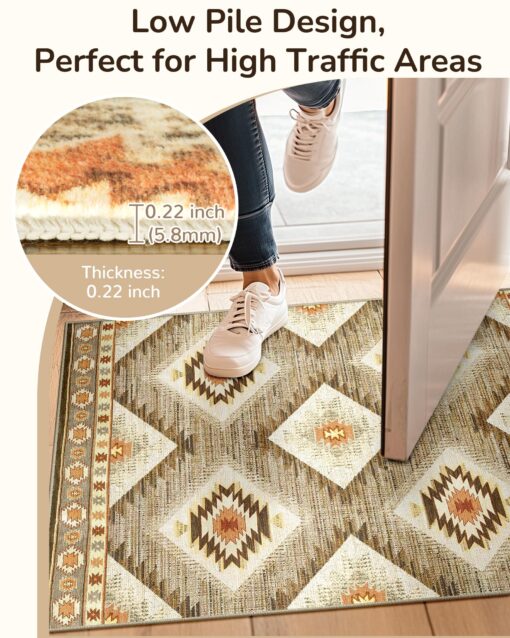 Area Rug 8x10 Rug Machine Washable Non-Slip Low Pile Print Pattern Western Rug for Living Room Bedroom Entryway-Cream/Camel - Image 6
