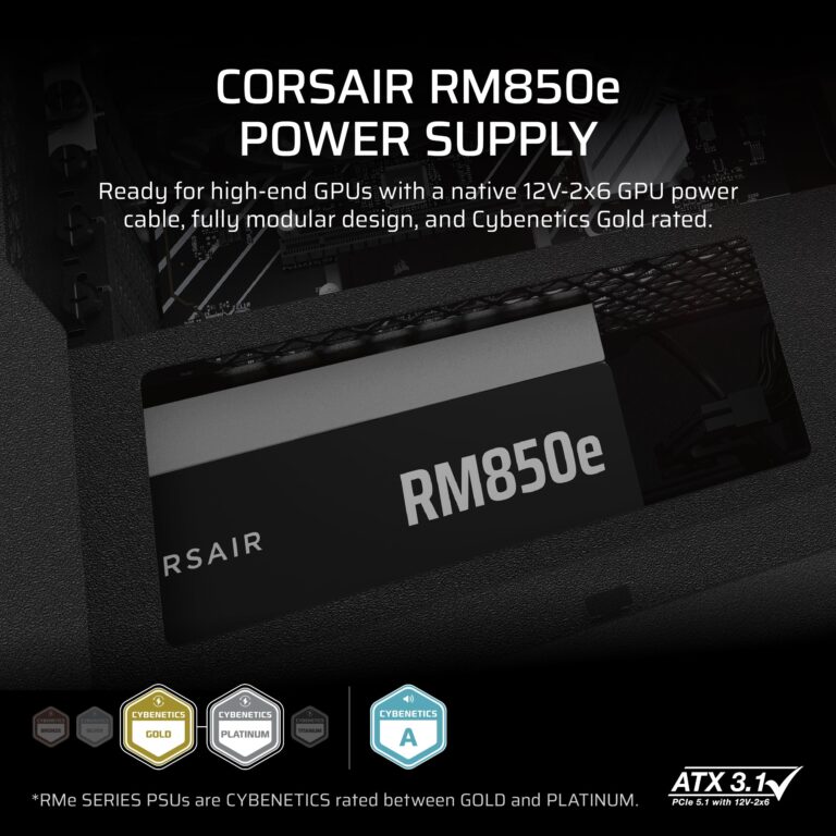 CORSAIR RM850e (2025) Fully Modular Low-Noise ATX Power Supply with 12V-2x6 Cable – ATX 3.1 & PCIe 5.1 Compliant, Cybenetics Gold Efficiency, 105°C-Rated Capacitors, Modern Standby Mode – Black - Image 7