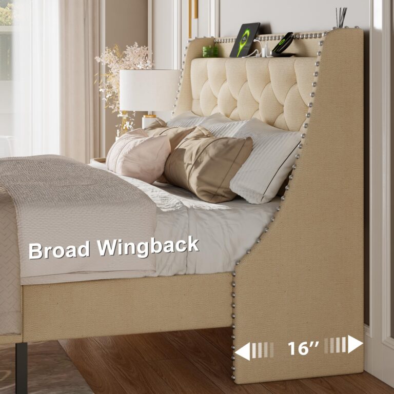 Feonase Full Size Bed Frame with Luxury Wingback and Fast Charging Station,Full Upholstered Button Tufted Storage Headboard Platform Bed, Sturdy Wooden Slats Support, Noise-Free, Easy Assembly, Beige - Image 5