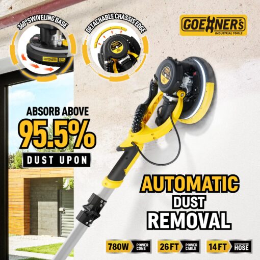 Drywall Sander, Electric Drywall Sander with Vacuum, Automatic Dust Removal, 7 Variable Speed, 900-1800RPM, 26’ Power Cord, Labor-Saving Handle and Patented Fixture for Ceiling Sanding, LED Light - Image 5