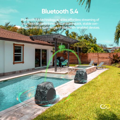Outdoor Rock Speaker 60W Deep Bass Multi-Sync up to 100 Speakers Auto-Pairing, IPX7 Waterproof Solar-Powered Bluetooth Speaker Perfect for Pool, Garden, Patio, Ideal for Music Entertainers - 2 Pack - Image 3